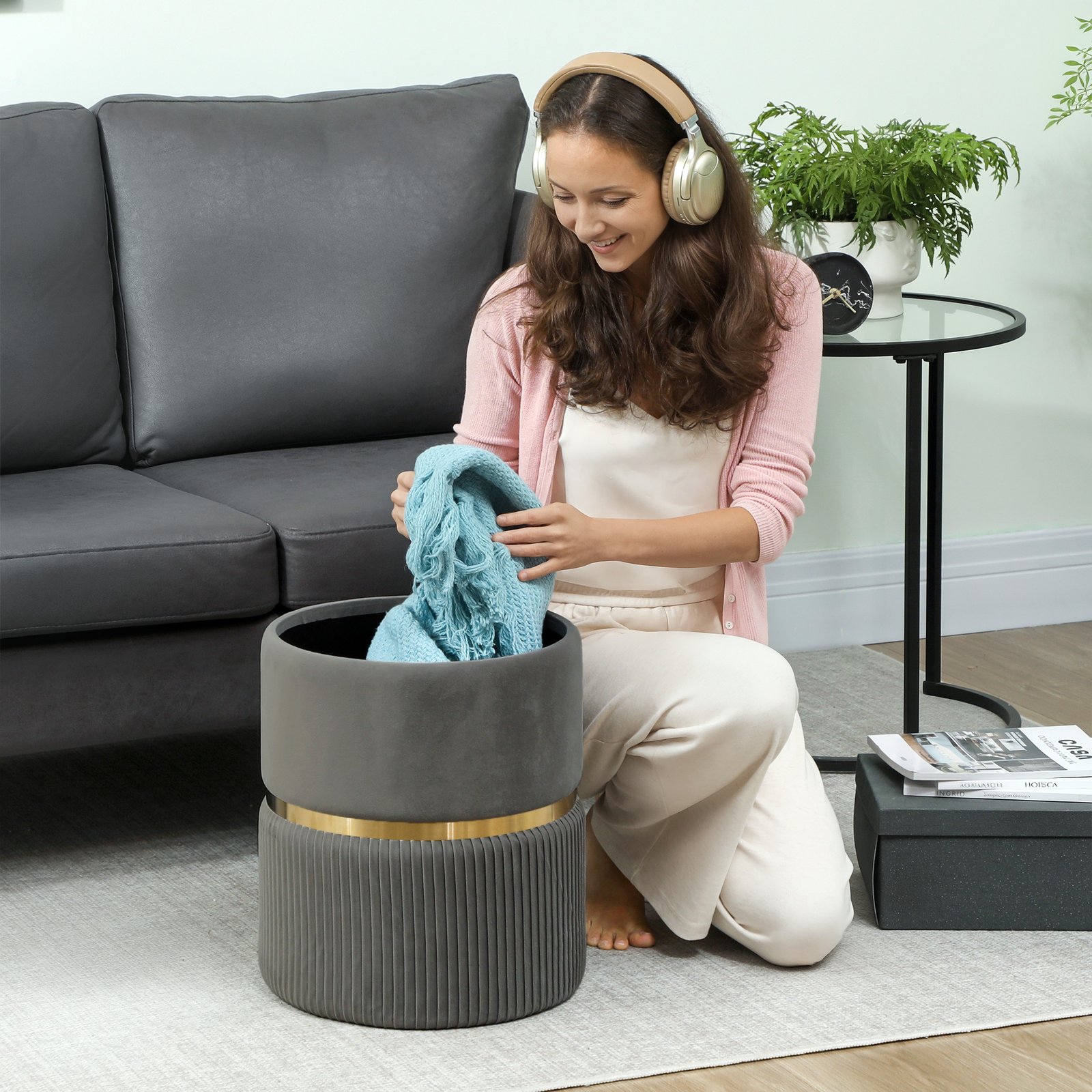 HOMCOM Velvet-Feel Storage Ottoman - Grey - Image 7