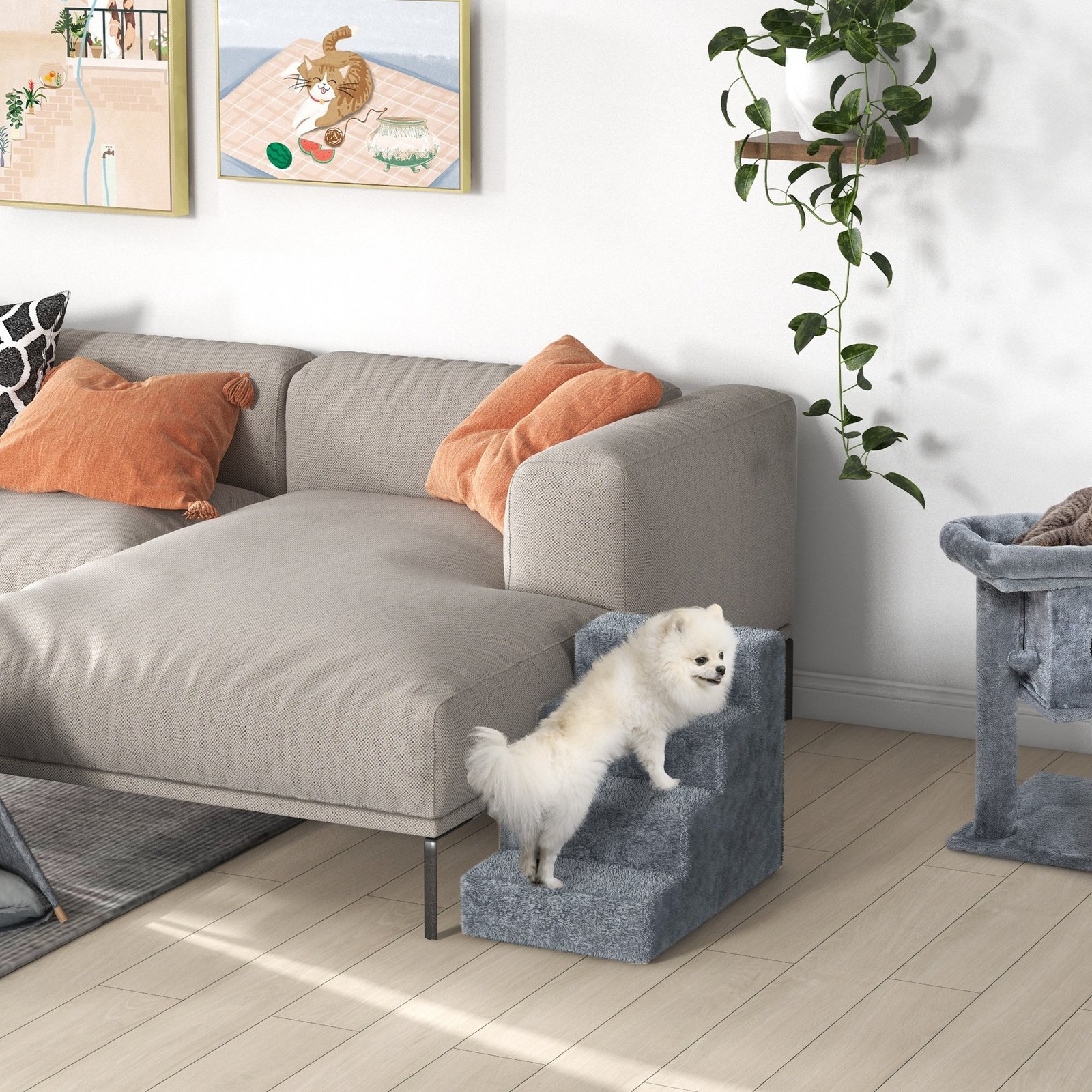 PawHut Four-Step Dog Stairs, with Washable Plush Cover, for High Bed Sofa, Dog Stairs for Small Dog and Cat - Light Grey - Image 9