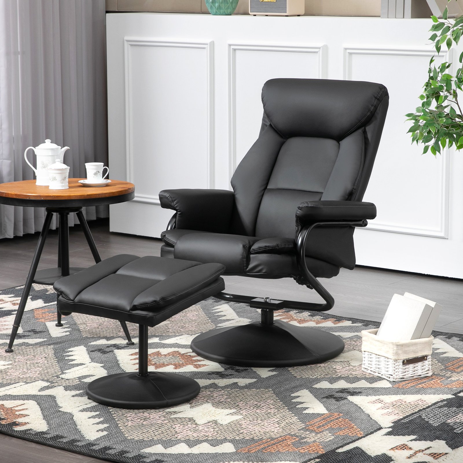HOMCOM Swivel Recliner Chair with Footstool, PU Leather Recliner Armchair with Ottoman, Steel Base, Upholstered Reclining Chair for Living Room, Bedroom, Office, Black - Image 2