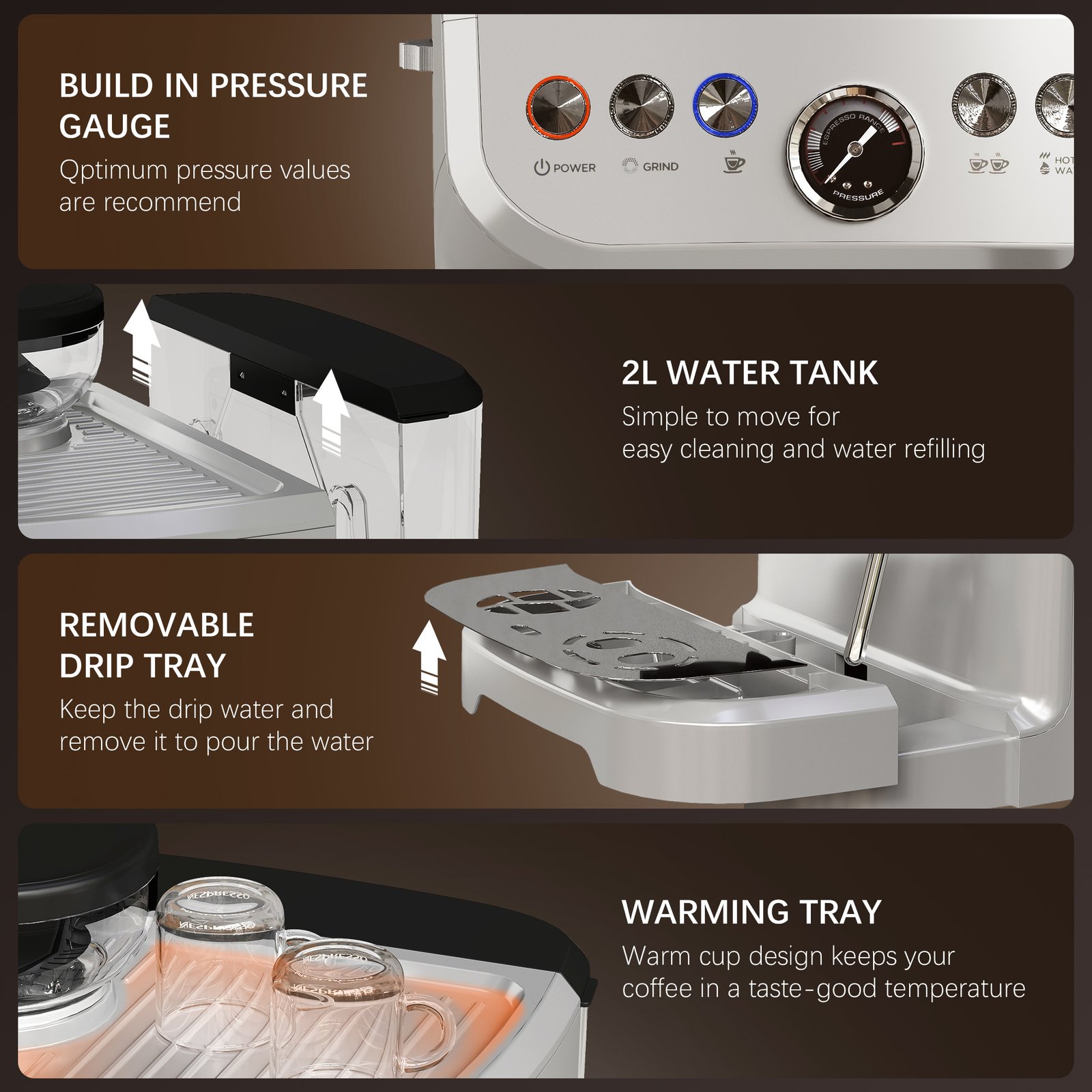 HOMCOM 15 Bar Coffee Machine with 15 Adjustable Grind Setting, Steamer and Complete Kit - Silver Colour - Image 9