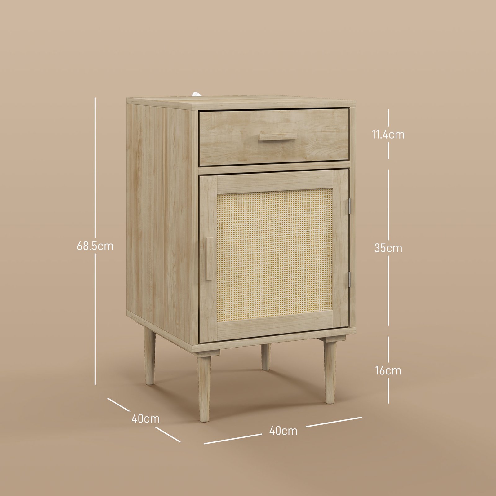 HOMCOM Bedside Table, Rattan Side Tables with Drawer, Cabinet and Adjustable Shelf, Boho Bedside Cabinet with Storage for Bedroom, Living Room, Natural Wood Effect - Image 3