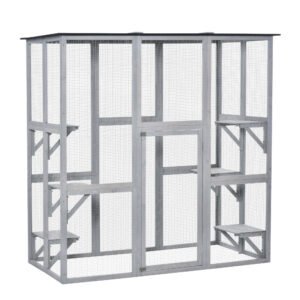 PawHut Wooden Catio Cat Outdoor Enclosure, Cat Cage with Waterproof Roof, Platforms, for Multiple Kittens, 180 x 98 x 180 cm