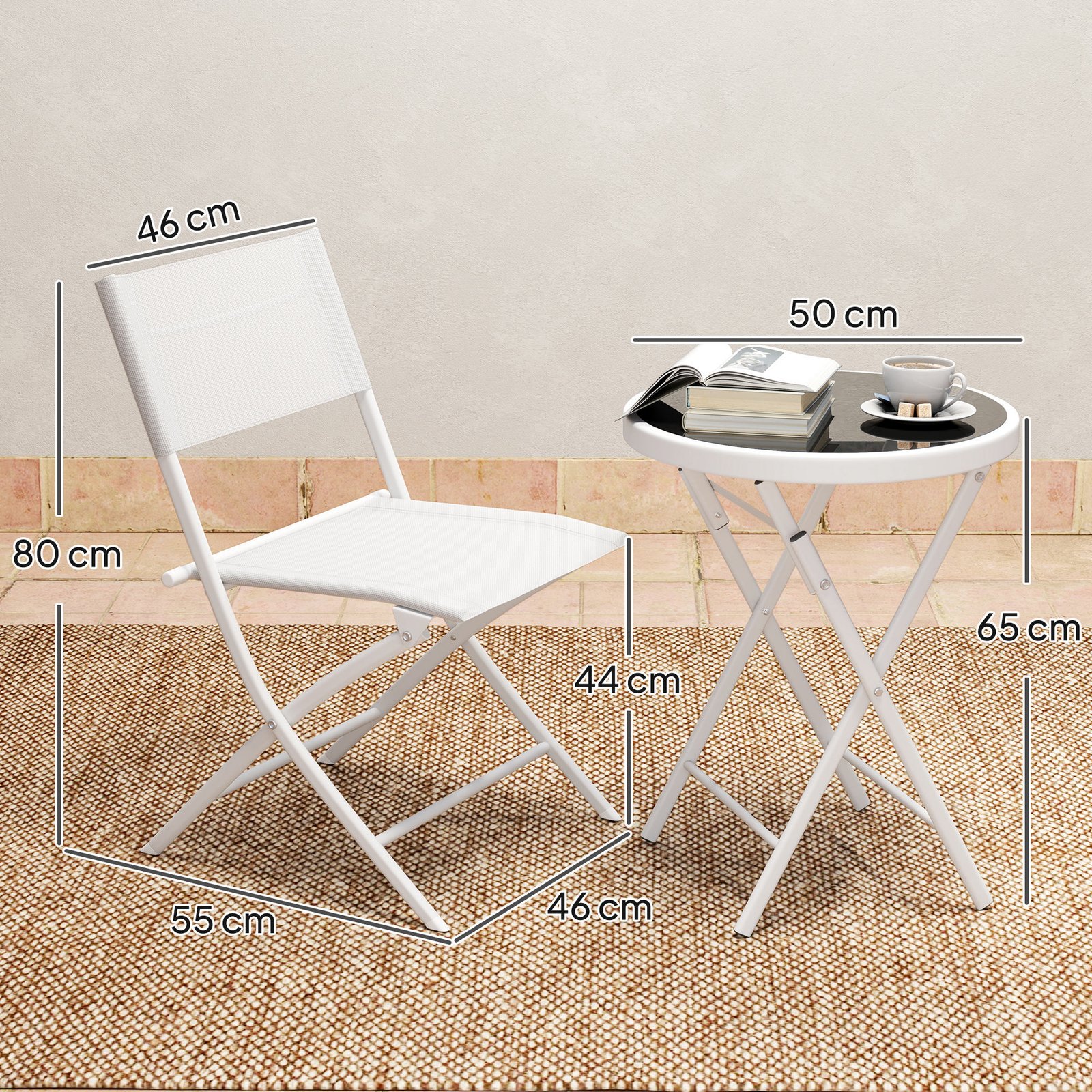 Outsunny 3 Pieces Outdoor Bistro Set, Glass Top Outdoor Table and 2 Folding Chairs with Protecting Feet, White - Image 3