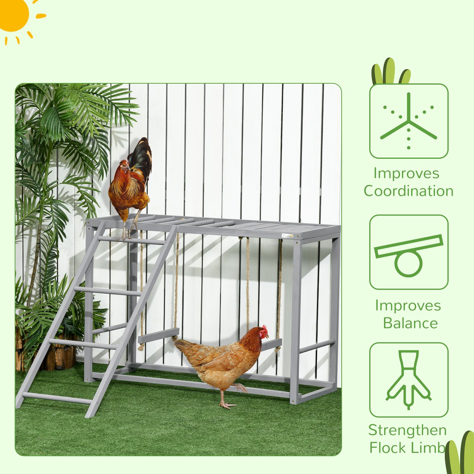 PawHut Chicken Activity Play with Swing Set for 3-4 Chickens, Wooden Chicken Coop, Grey - Image 7