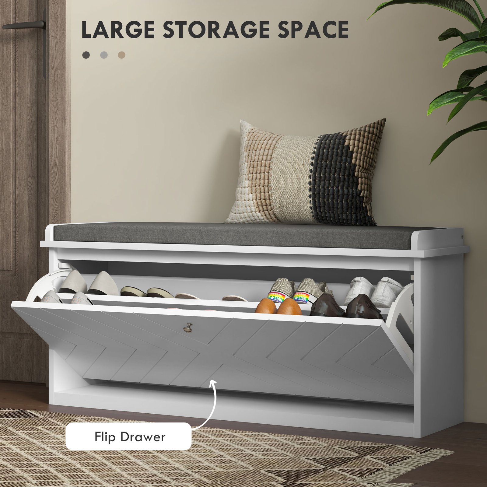 HOMCOM 10-Shoe Storage Bench, with Padded Top Seat - White/Grey - Image 4