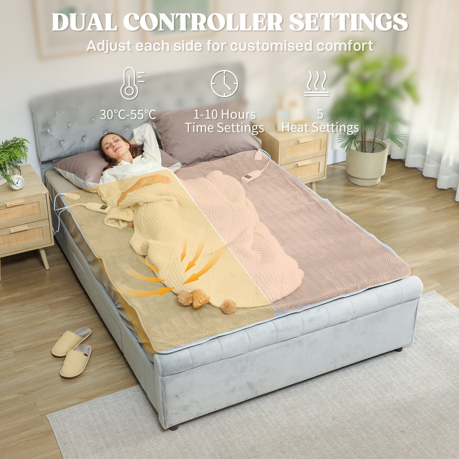 HOMCOM Heated Electric Blanket, Warm Throw Blanket with 5 Heating Levels, 10 Hour Auto-Off Timer, Grey - Image 5