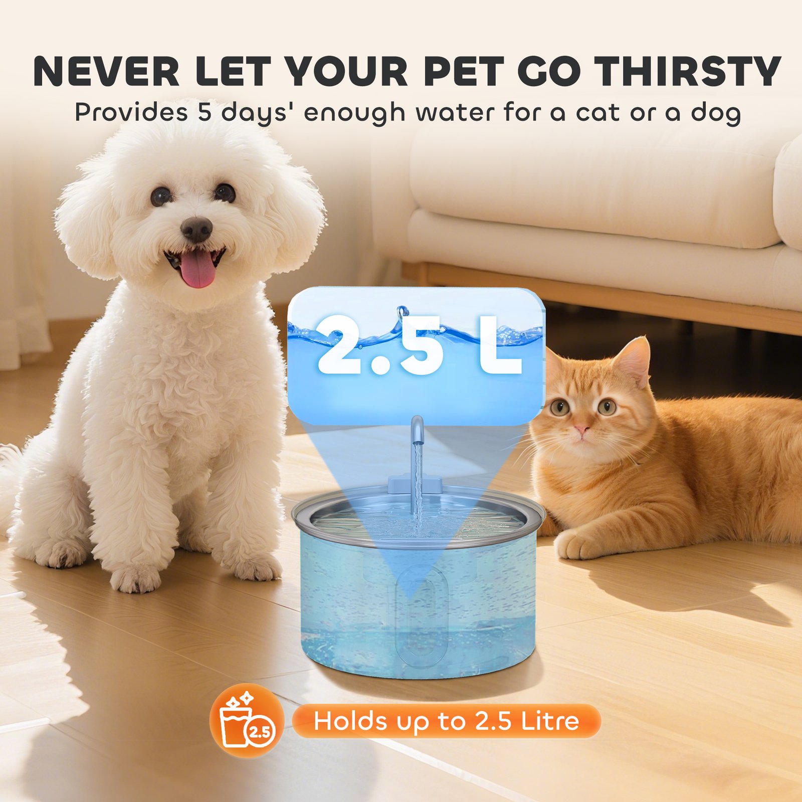 PawHut 2.5L Stainless Steel Cat Water Fountain for Drinking with Ultra-Silent Pump, Water-Level Window, 7 Filters - Image 6