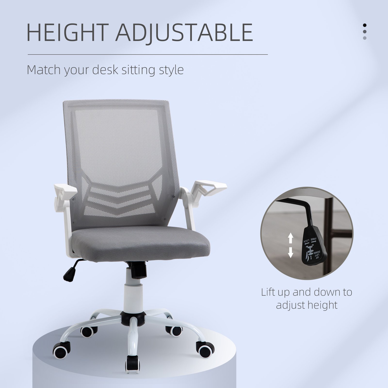 Vinsetto Office Chair with Flip-up Armrest, Mid Back Desk Chair with Mesh Back, Lumbar Support, Adjustable Height, Swivel Wheels for Home, Grey - Image 4