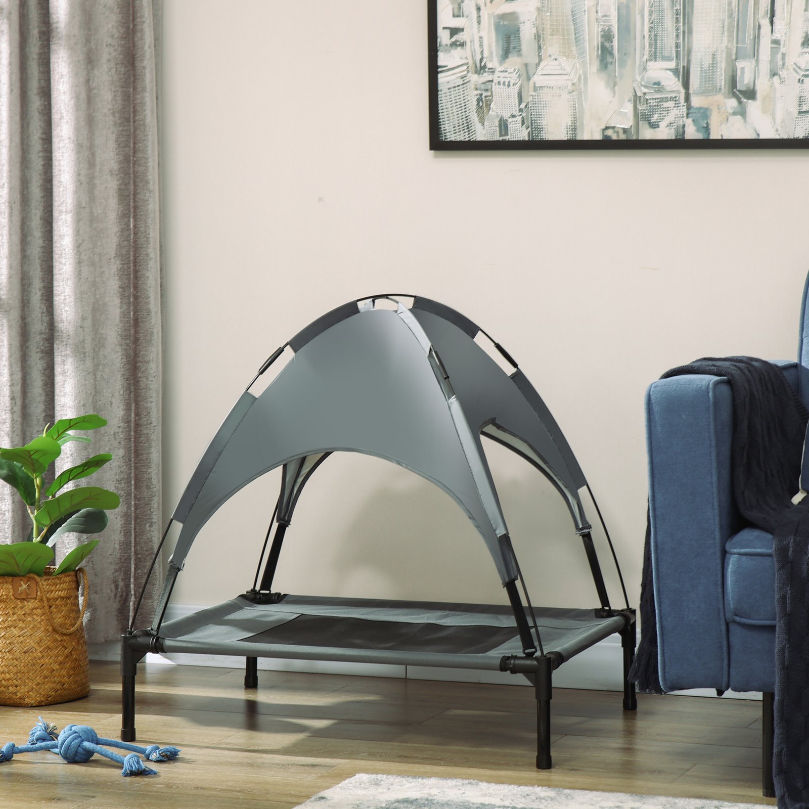 PawHut Outdoor Dog Bed with Removable Canopy, Portable Raised Dog Bed for Camping, Garden & Beach, Water-Resistant UV-Protection Mesh Pet Cot Sun Lounger, for Medium Pets, 76 x 61 x 73 cm, Grey - Image 2