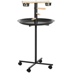 PawHut Parrot Perch Stand, Large Bird Play Stand, Metal Bird Table Feeder Station with Stainless Steel Bowls, Four Wheels, Round Tray, Black