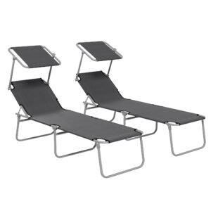 Outsunny Folding Sun Lounger Set of 2 with Canopy, Reclining Sunbed with 4-Position Adjustable Backrest, 600D Oxford Cloth, Portable Garden Lounger Recliner Chair for Beach, Camping, Patio, Grey