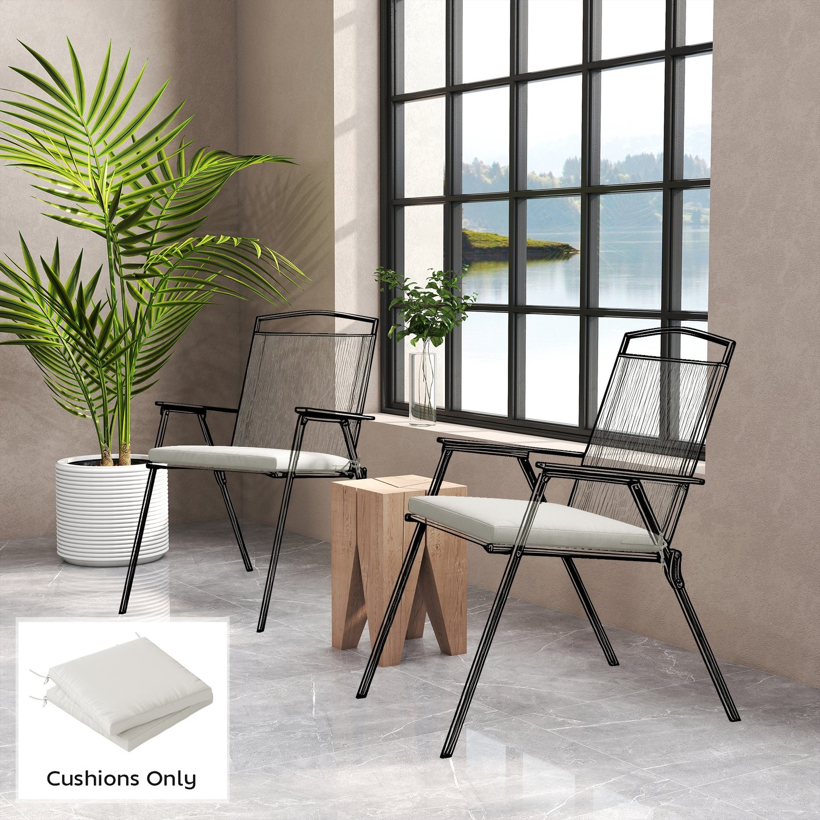 Outsunny Outdoor Seat Cushions Set of 2 with Ties, Waterproof Garden Seat Pads, Cream White - Image 2