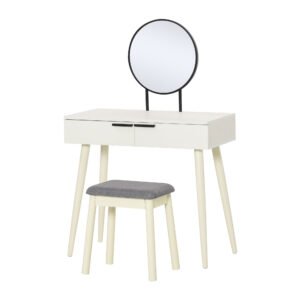 HOMCOM Modern Dressing Table with Round Mirror and Stool, Makeup Vanity Table with 2 Drawers for Bedroom, Living Room, 80 x 40 x 123 cm, White