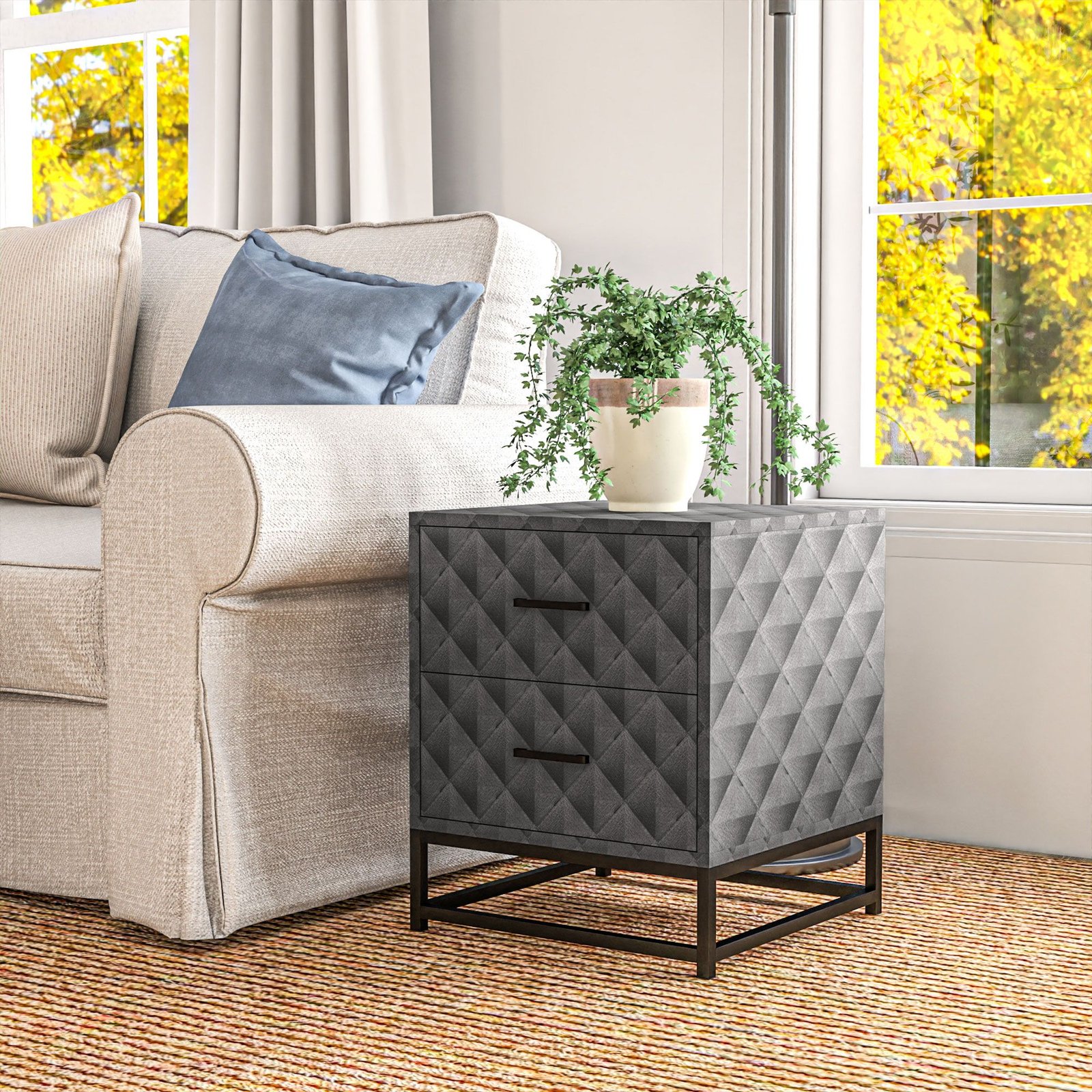HOMCOM Bedside Tables Set of 2, Modern Bedside Table Nightstand with 2 Drawers, Bedside Cabinet Sofa Side Table with Storage, Steel Legs for Bedroom, Living Room, Grey - Image 9