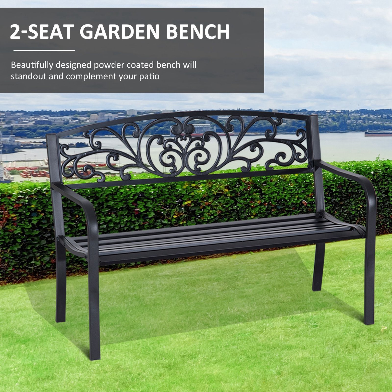 Outsunny 2-Seater Garden Bench, Steel-Black - Image 4