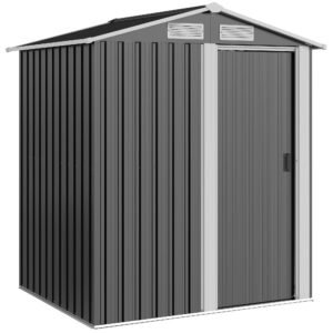 Outsunny Garden Metal Tool Storage Shed with Sliding Door, Sloped Roof and Foundation Kit, 152 x 132 x 188cm, Grey