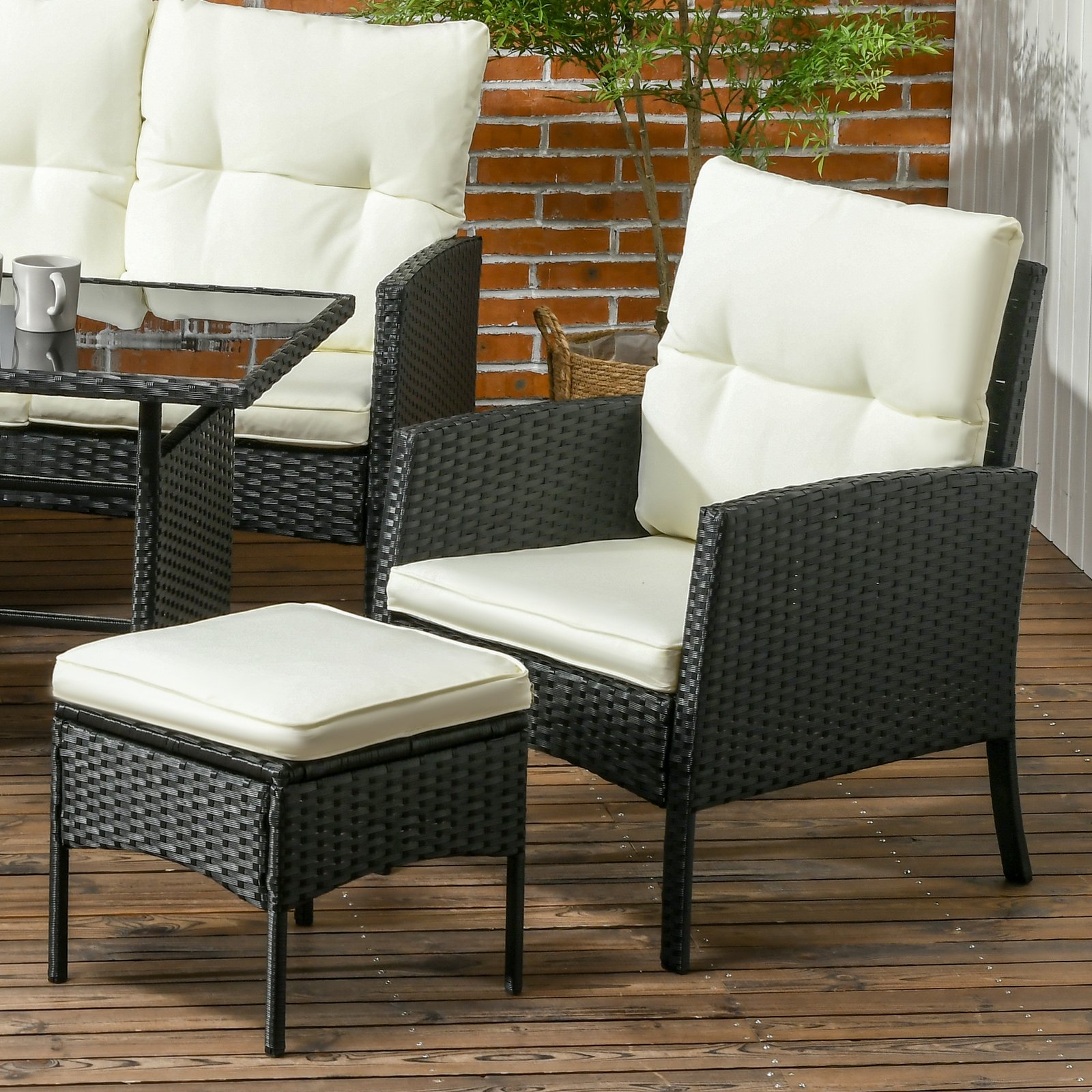 Outsunny 5 Seater Rattan Garden Furniture Set, 6 Piece Garden Sofa Set, Armchairs, 3-Seater Sofa, Footstools, Glass Dining Table, Cushions, Wicker Outdoor Furniture for Conservatory Patio, Cream - Image 7
