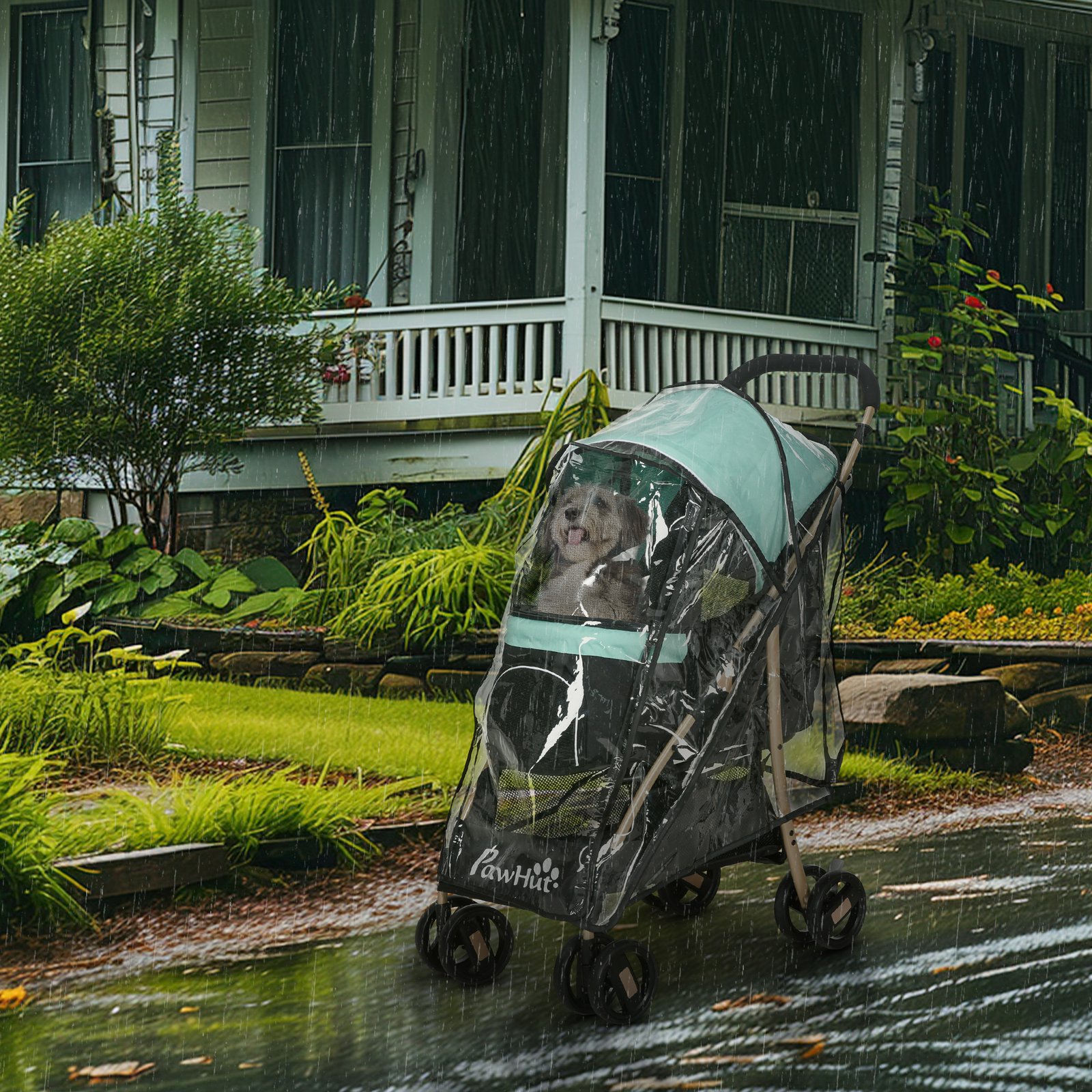 PawHut Pet Stroller for Small and Miniature Dogs, with Rain Cover - Green - Image 2