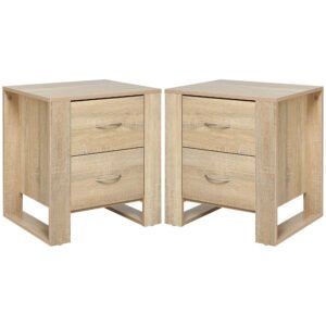 HOMCOM Bedside Table with 2 Drawers, Nightstand with Handles and Elevated Base, Side Table for Bedroom, Living Room, Set of 2, Brown
