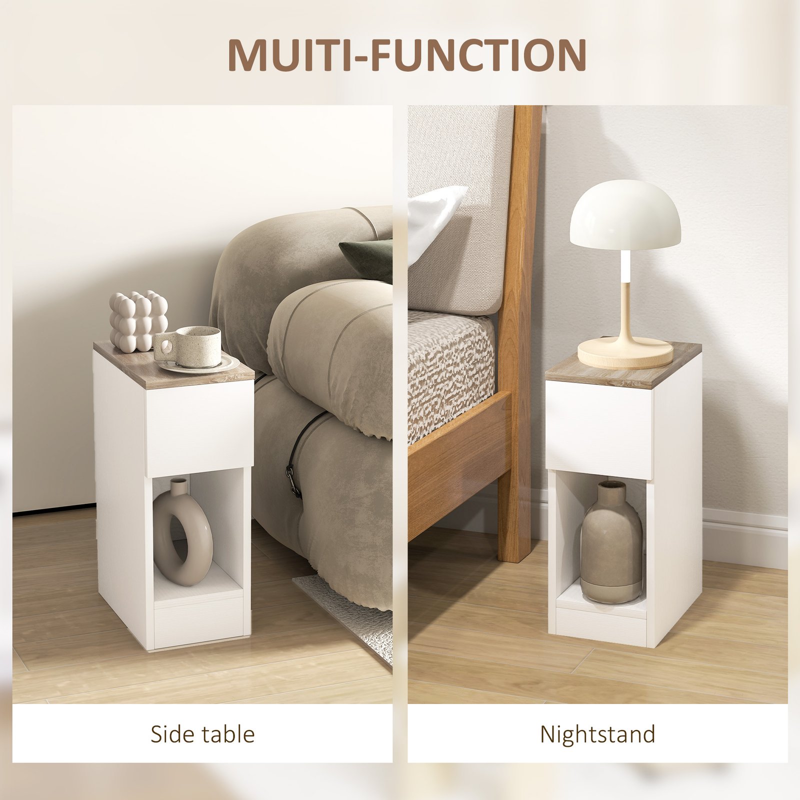 HOMCOM Set of Two Modern Storage Bedside Tables - Cream White - Image 6