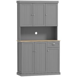 HOMCOM 180cm Freestanding Kitchen Cabinet, Modern Storage Cupboard with Open Countertop, Drawer and 6 Doors, Grey