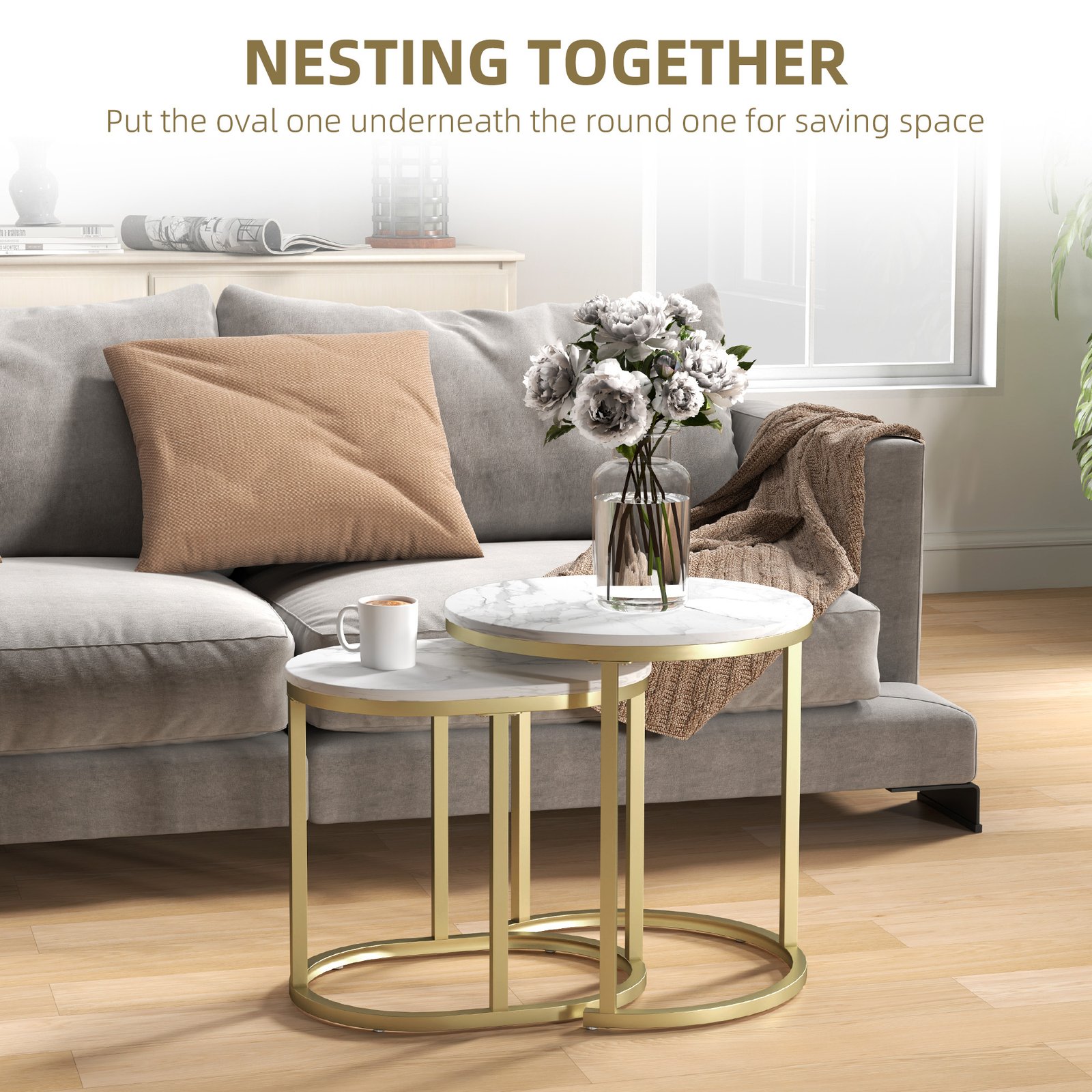 HOMCOM Marble-Effect Nest of Tables - Gold Tone/White - Image 4