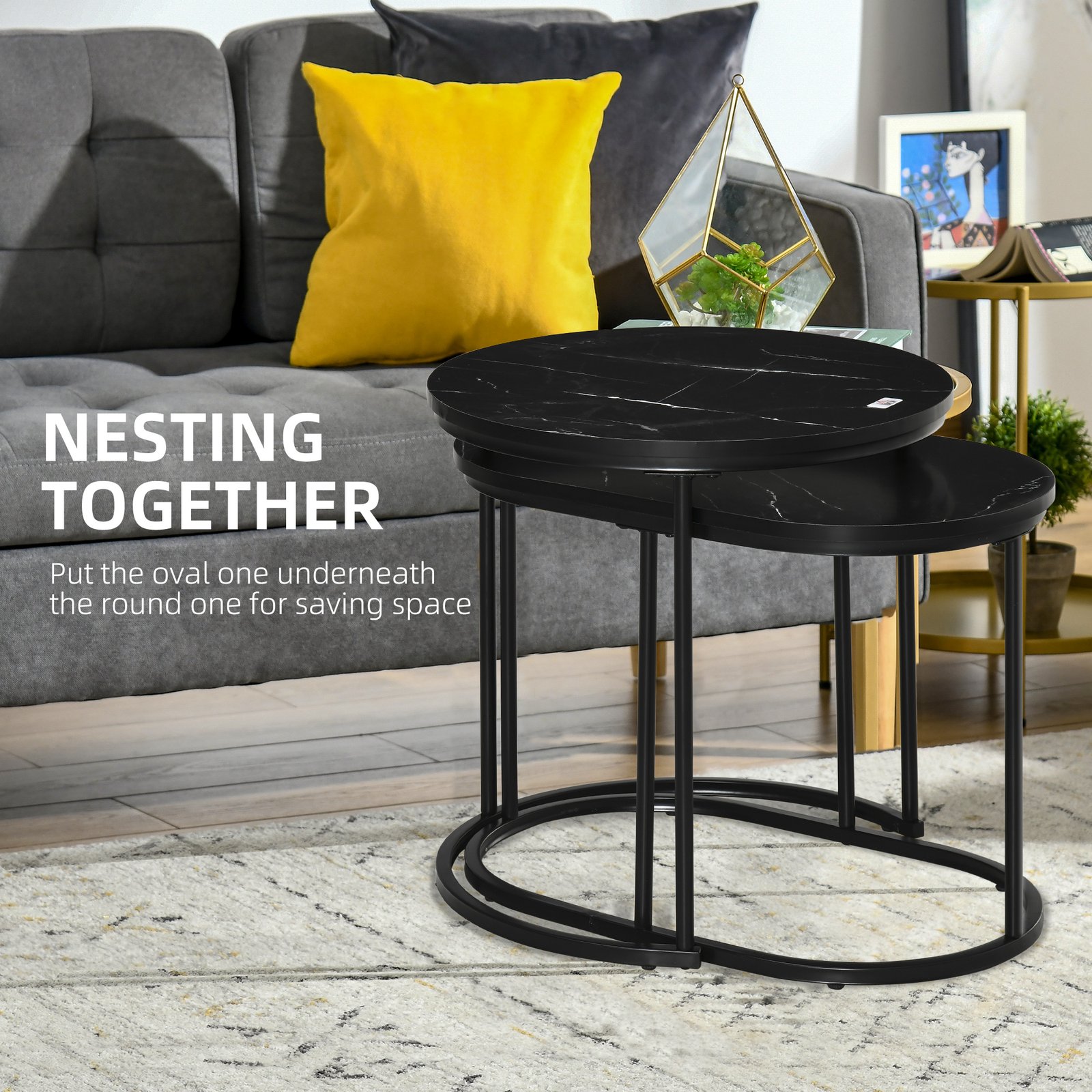 HOMCOM Marble-Effect Nest of Tables - Black/White - Image 4