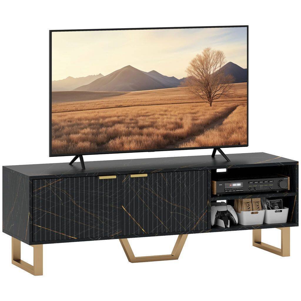 HOMCOM Marble Effect TV Unit, Modern TV Stand Cabinet for up to 70″ TVs, with Shelves and Storage Cupboard, Fluted Door, Extra Centre Leg, Cable Management for Living Room, Black HOMCOM Marble Effect TV Unit, Modern TV Stand Cabinet for up to 70″ TVs, with Shelves and Storage Cupboard, Fluted Door, Extra Centre Leg, Cable Management for Living Room, Black