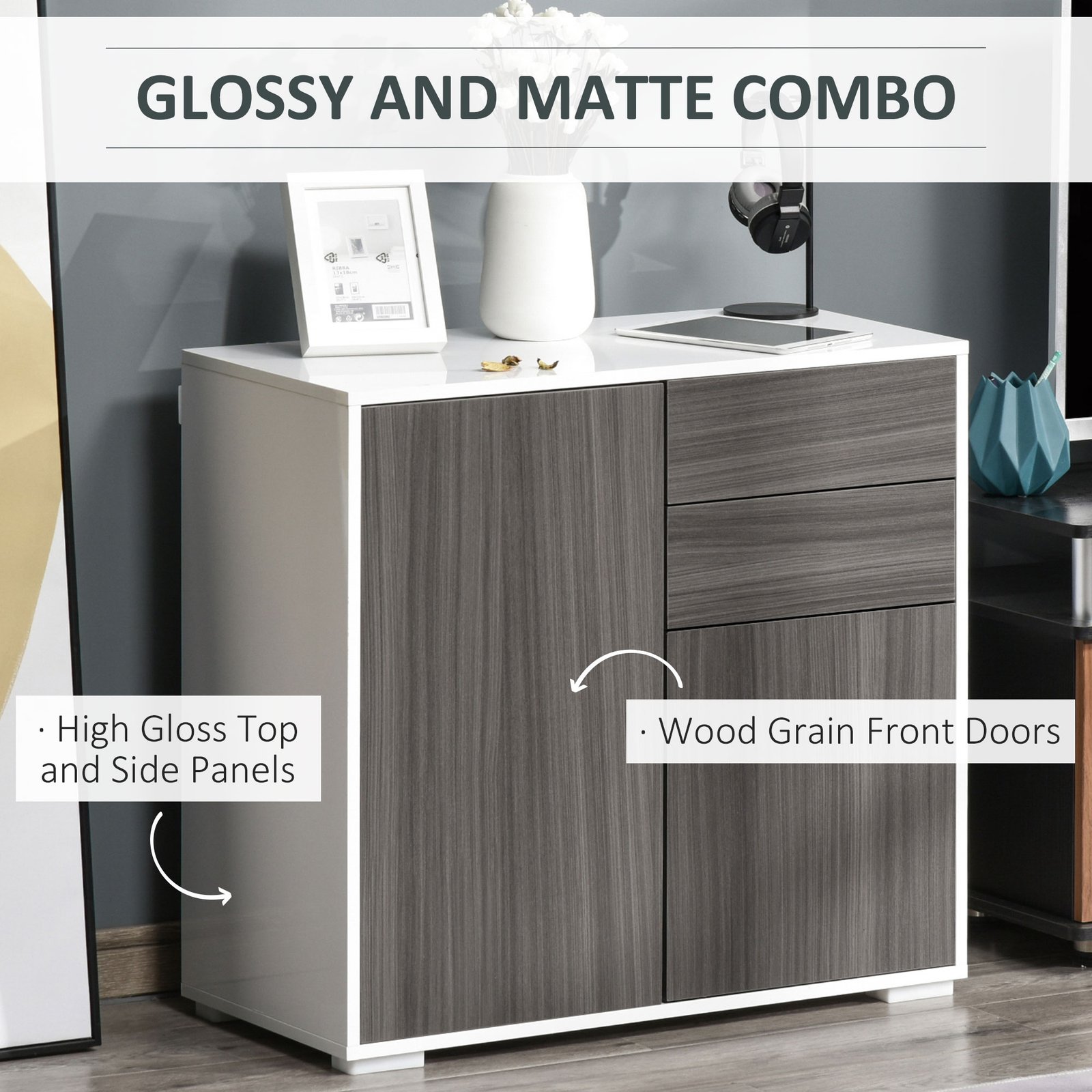 HOMCOM High Gloss Frame Sideboard, Side Cabinet, Push-Open Design with 2 Drawer for Living Room, Bedroom, Grey - Image 5