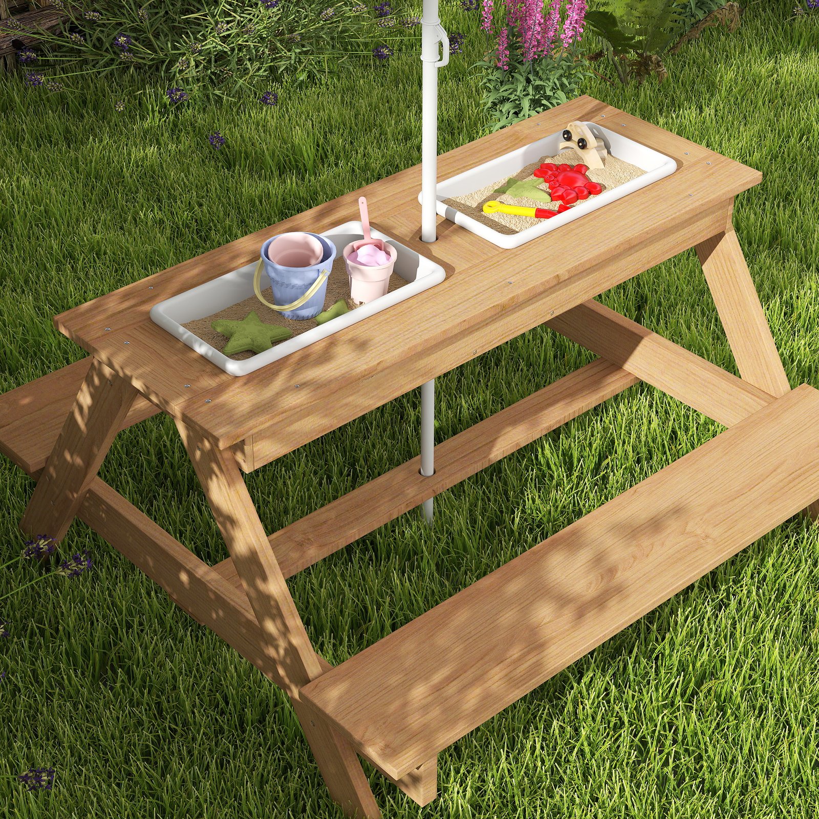 AIYAPLAY Kids Picnic Table, Sand and Water Table with Wooden Benches, Adjustable Parasol and Storage Bins, Multicolour - Image 8