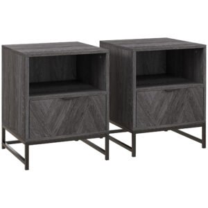 HOMCOM Bedside Table with Drawer and Shelf, Side End Table with Steel Legs for Living Room, Bedroom, Set of 2, Dark Grey