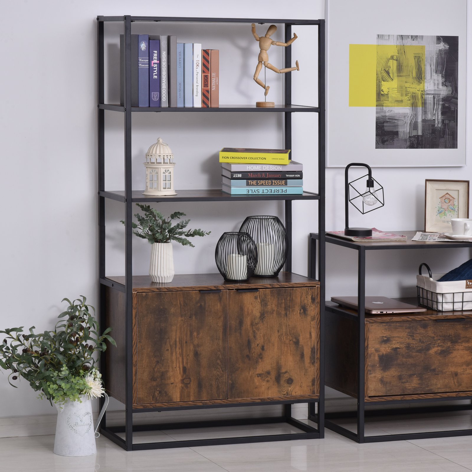 HOMCOM Industrial Bookshelf, Storage Shelf, Large Bookcase with 3 Open Shelves, Multifunctional Rack for Living Room, Office, Rustic Brown and Black - Image 2
