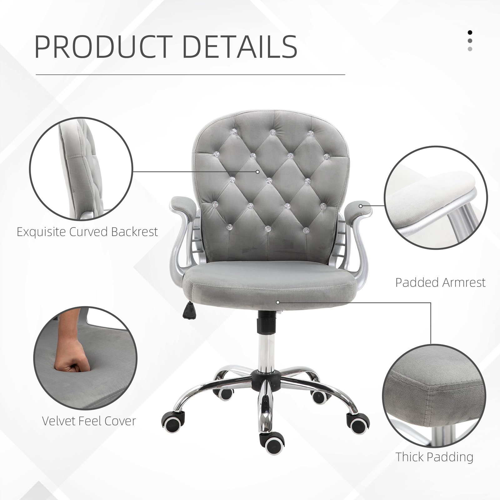 Vinsetto Office Chair, Swivel Desk Chair, Velvet Vanity Chair with Adjustable Height and Rolling Wheels for Home Work Study, Grey - Image 6