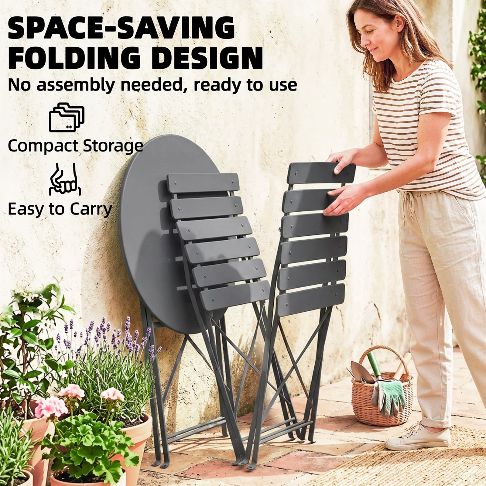 Outsunny Folding Garden Bistro Set, Outdoor Round Bistro Table and Chairs Set 2 with Electrophoresis Metal Frame, Grey - Image 6