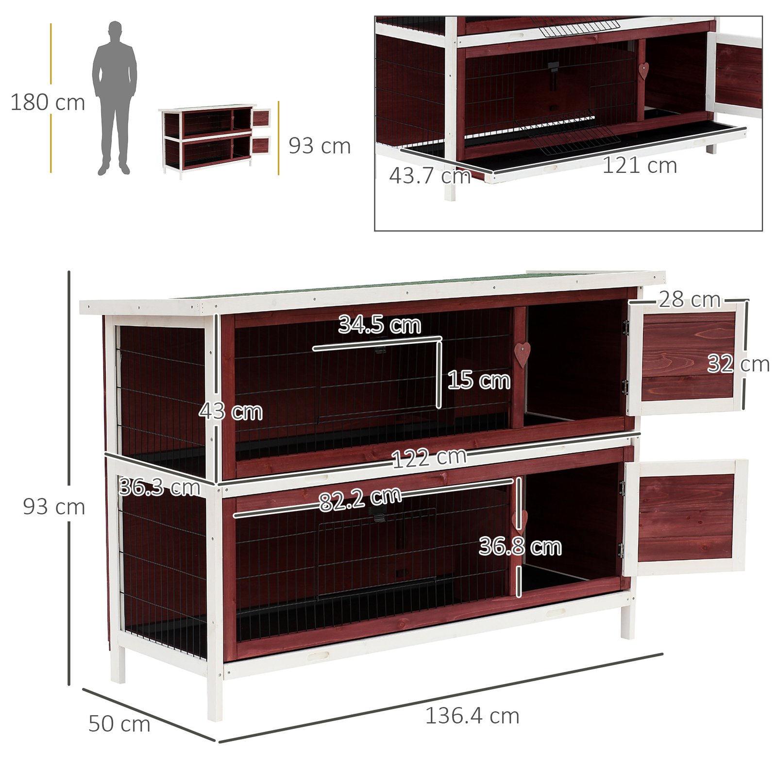 PawHut Rabbit Hutch Outdoor 2-Tier Guinea Pig Cage Bunny House Cage with No-Leak Trays for Indoor and Outdoor 136 x 50 x 93cm - Image 3