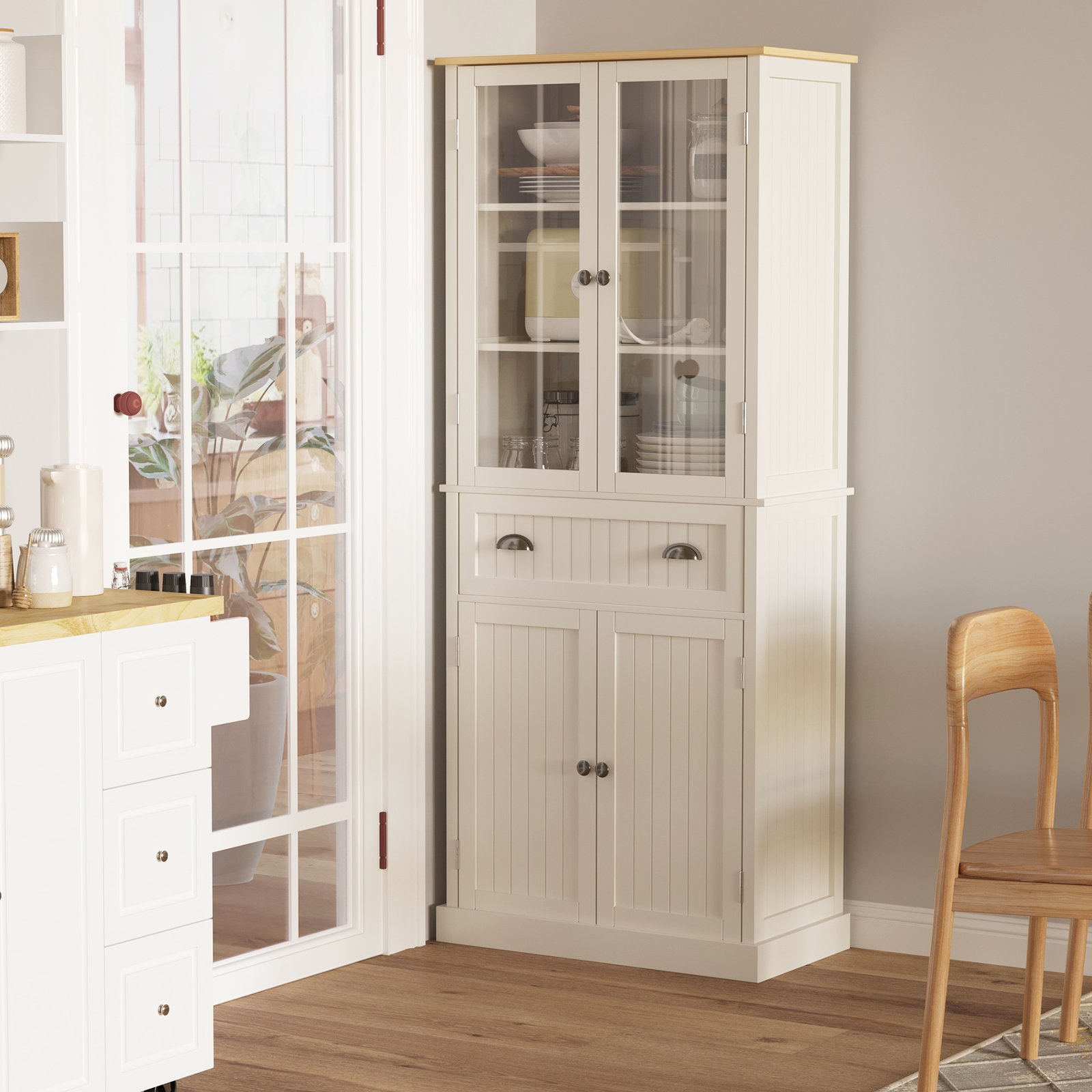 HOMCOM Freestanding Kitchen Cupboard, 5-tier Storage Cabinet with Adjustable Shelves and Drawer for Living Room, Dining Room, Cream White - Image 2