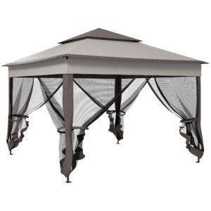 Outsunny 3.25 x 3.25m Pop Up Gazebo, Double-roof Garden Tent with Netting and Carry Bag, Party Event Shelter for Outdoor Patio, Brown and Grey