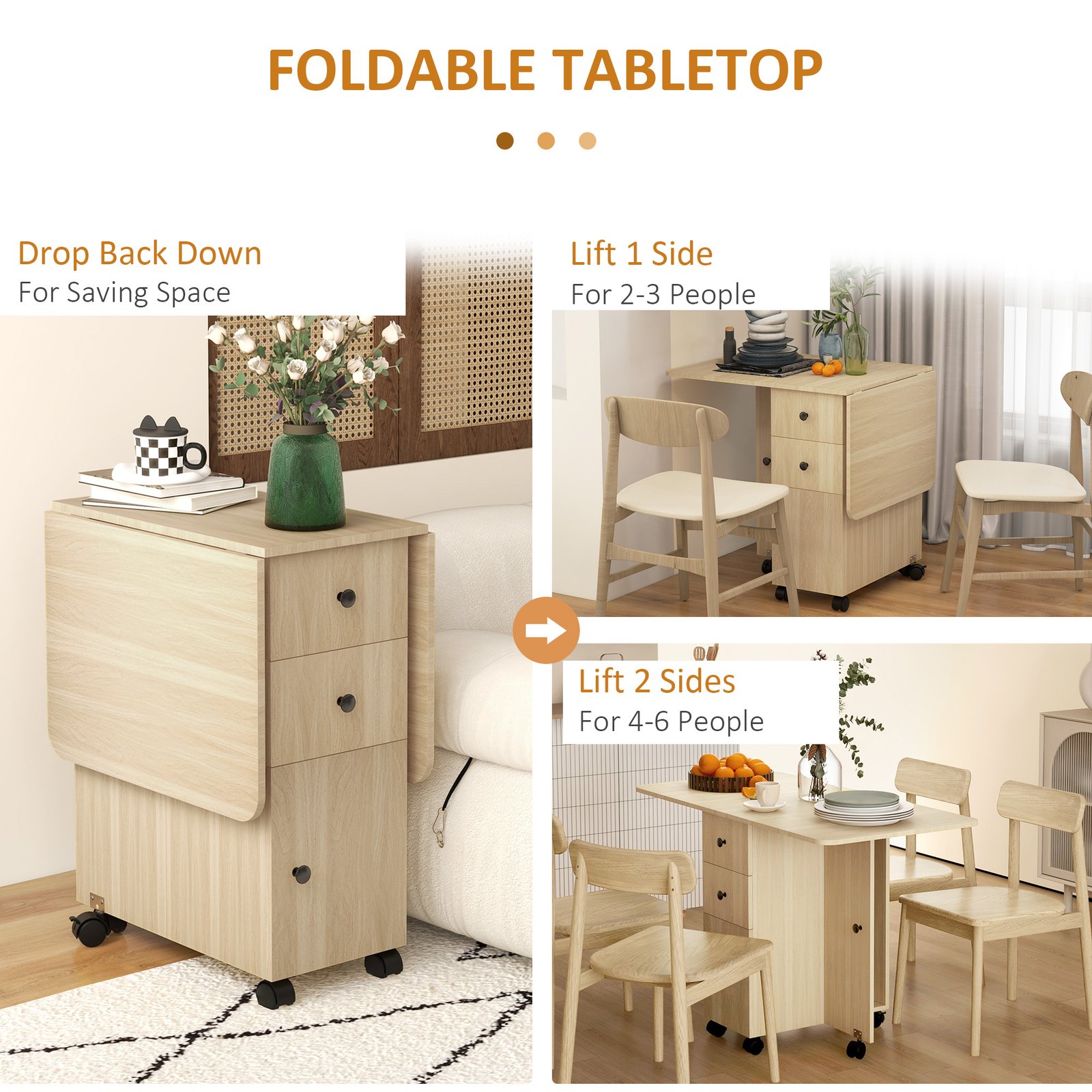 HOMCOM Six-Person Drop Leaf Dining Table, with Storage - Wood-Effect - Image 5