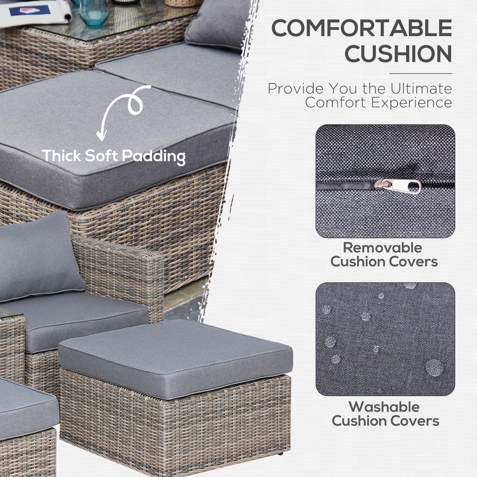 Outsunny 5 Piece Rattan Garden Furniture Set w/ 10cm Thick Cushions, Aluminium Frame Wicker Outdoor Balcony Sofa Set with Corner Armchairs, Ottomans, and Glass Top Table, Mixed Brown - Image 5