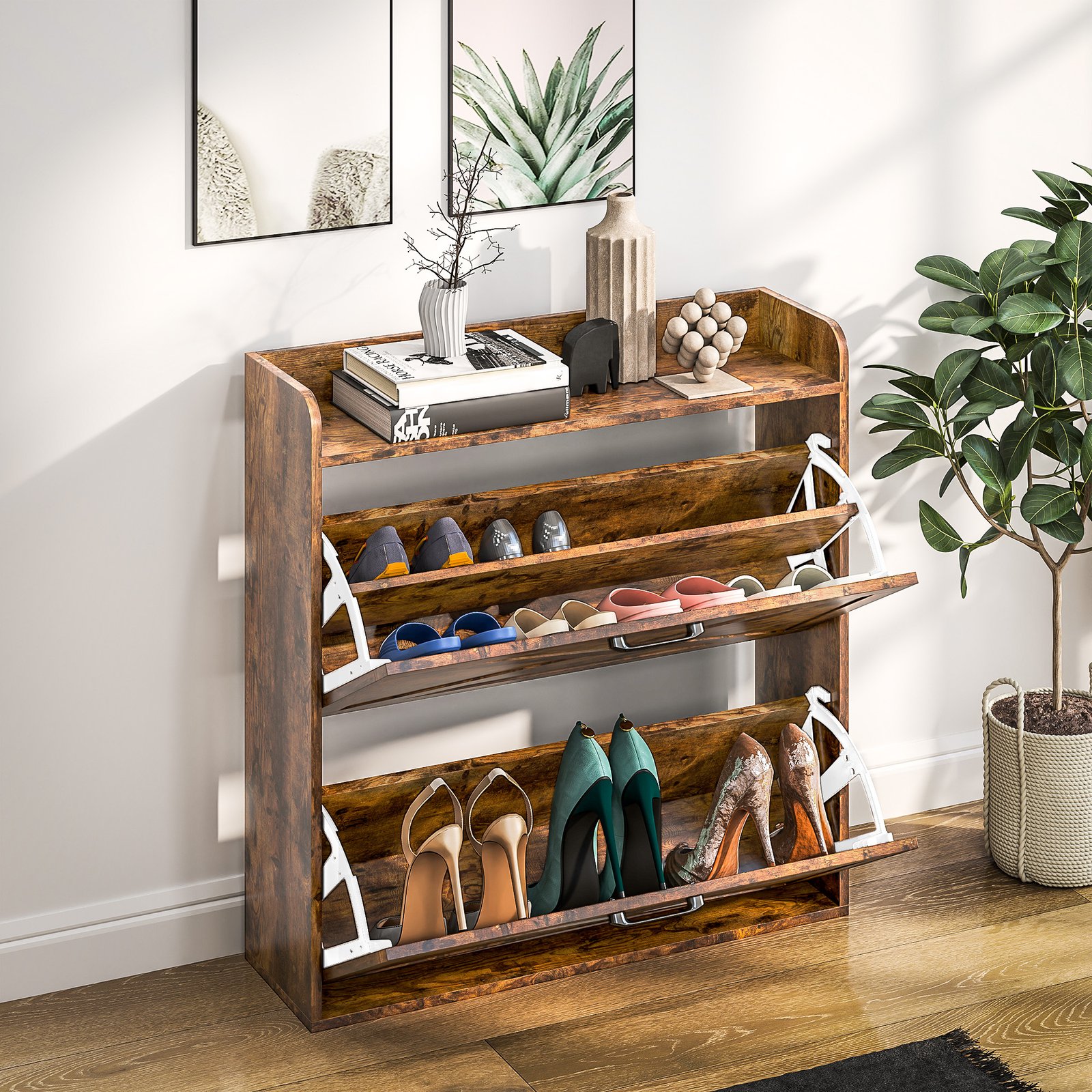 HOMCOM Two Flip Drawer Narrow Shoe Cabinet with Adjustable Shelves - Rustic Brown - Image 9