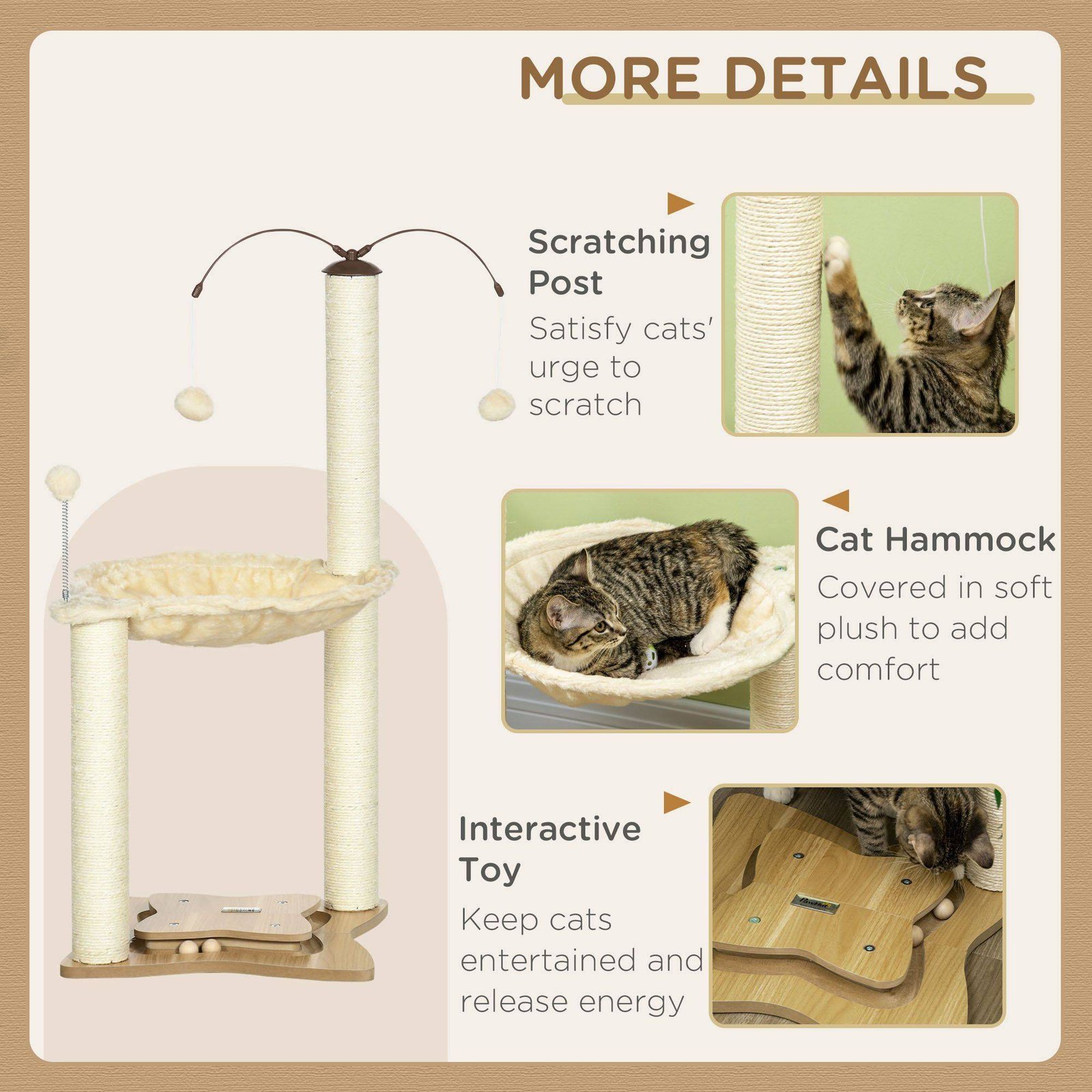 PawHut Cat Tree, with Scratching Posts, Hammock, Toy Ball - Beige - Image 5