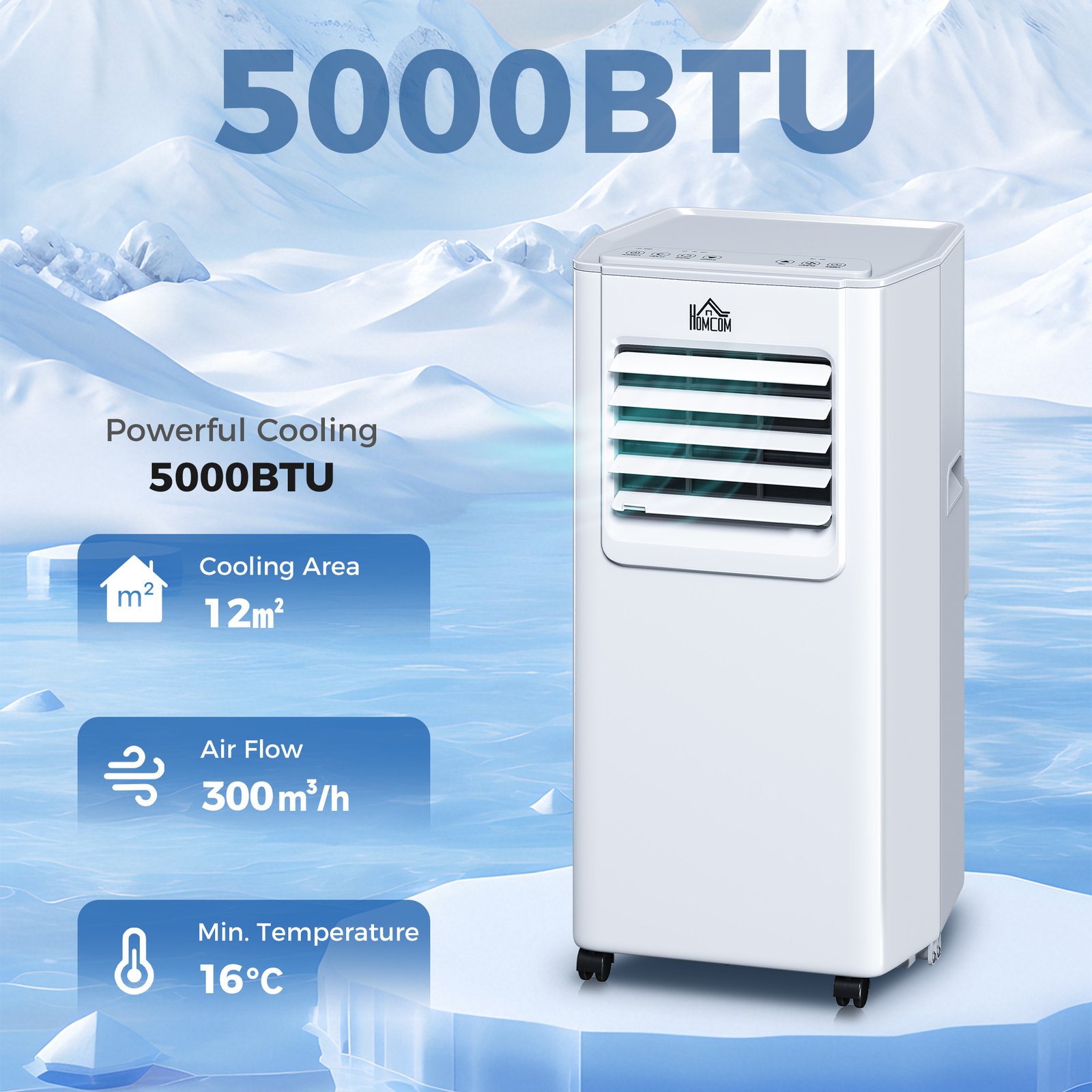 HOMCOM 5000 BTU Portable Air Conditioner, 4-in-1 Air Conditioning Unit, Dehumidifier, Cooling, Fan, Sleep Mode, with Remote Control, 2 Speeds, 24H Timer, Window Venting Kit, 12m² - Image 2