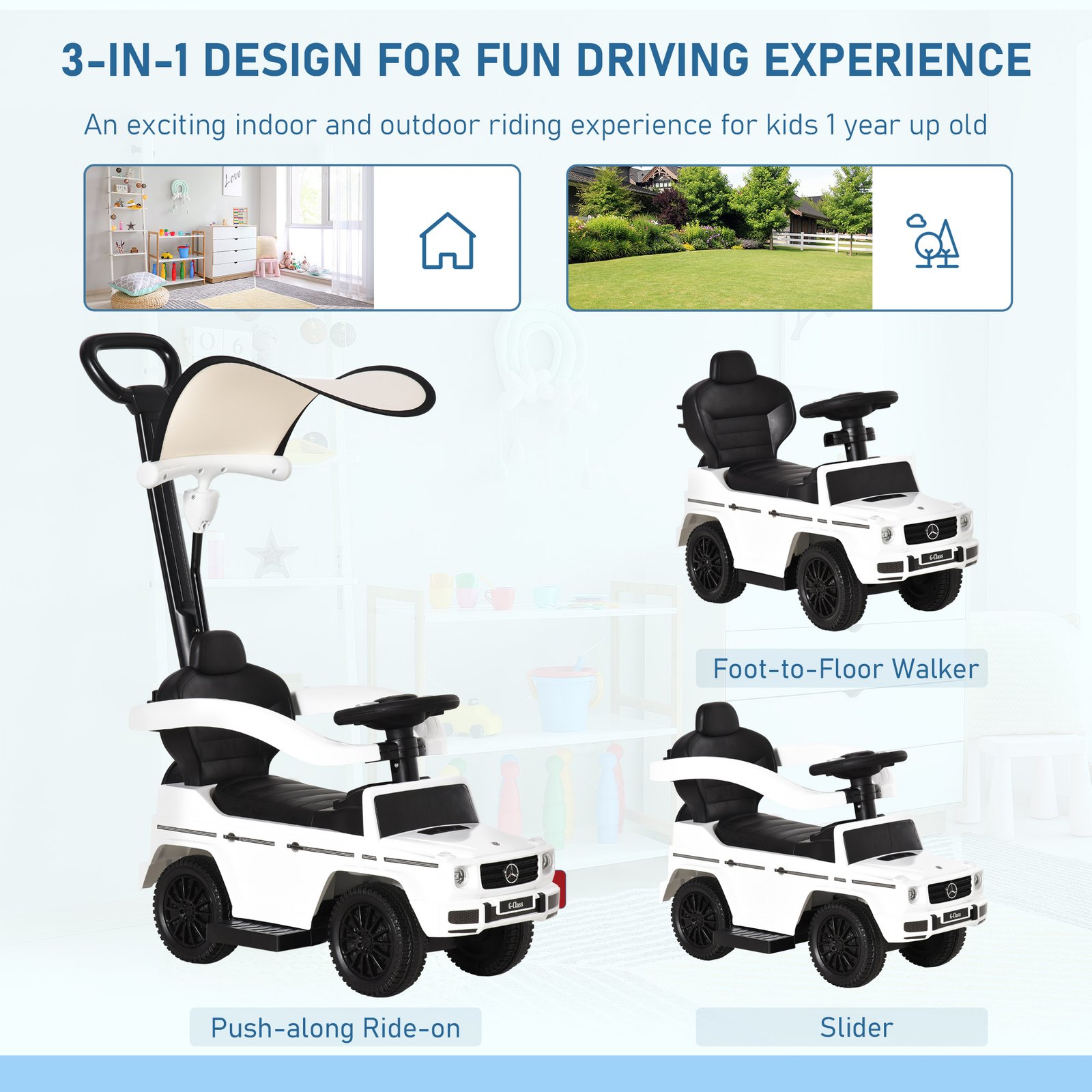 HOMCOM 3 in 1 Kids Children Ride on Push Car Toddler Sliding Car G350 Licensed Walker Foot to Floor Slider Push-Along with Horn Steering Wheel NO POWER Manual, White - Image 4