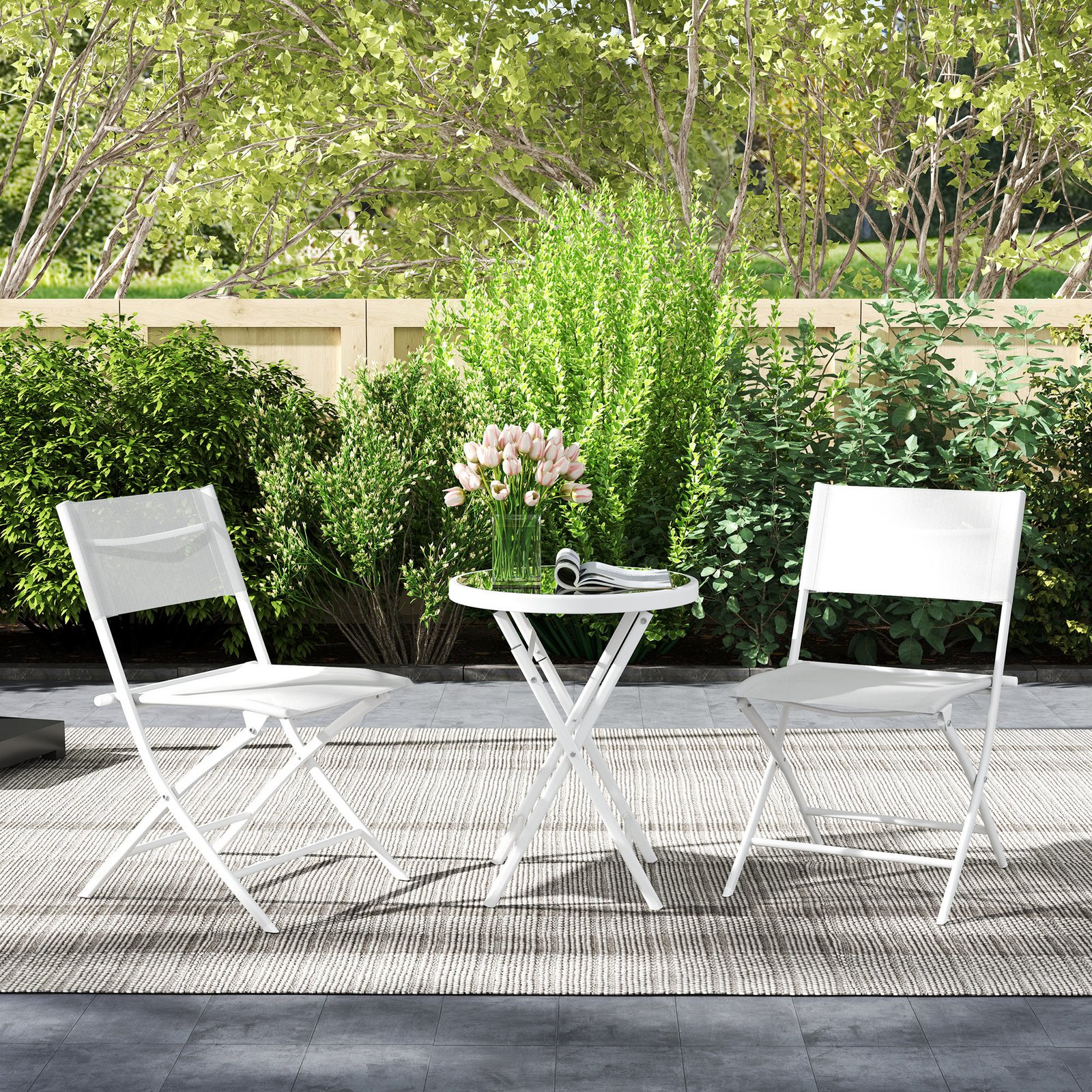 Outsunny 3 Pieces Outdoor Bistro Set, Glass Top Outdoor Table and 2 Folding Chairs with Protecting Feet, White - Image 9