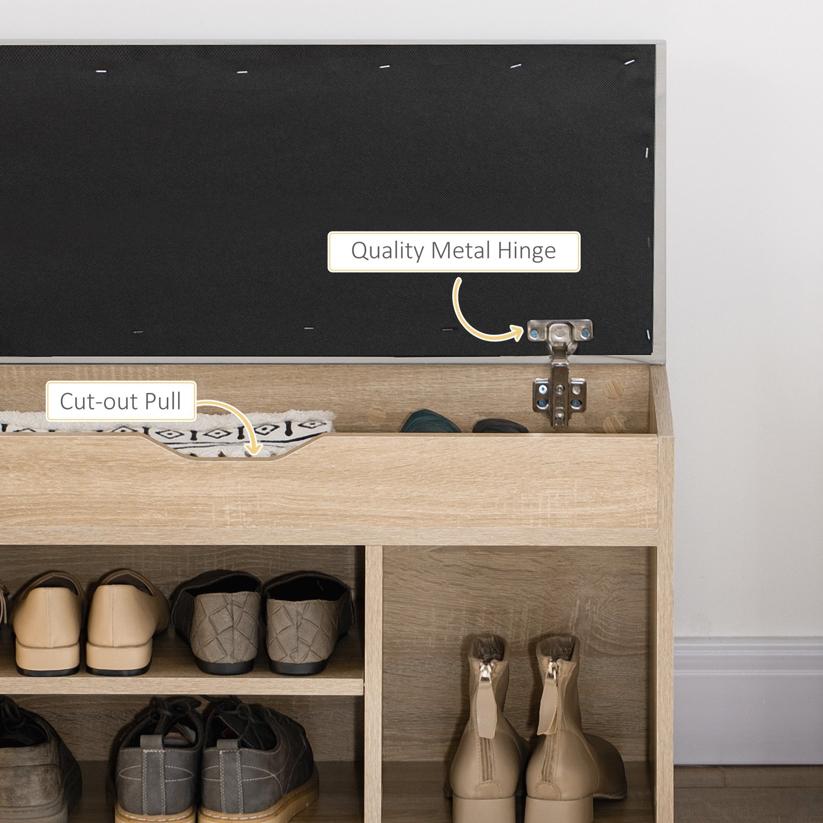 HOMCOM Shoes Cabinet Bench Hidden Storage Padded Seat Organiser Footwear Rack Hallway Oak Tone - Image 6
