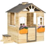 Outsunny Wooden Playhouse for Kids Outdoor Wendy House with Door, windows, Bench, Service Stations, Flowerpot Holder, For Ages 3-7 Years