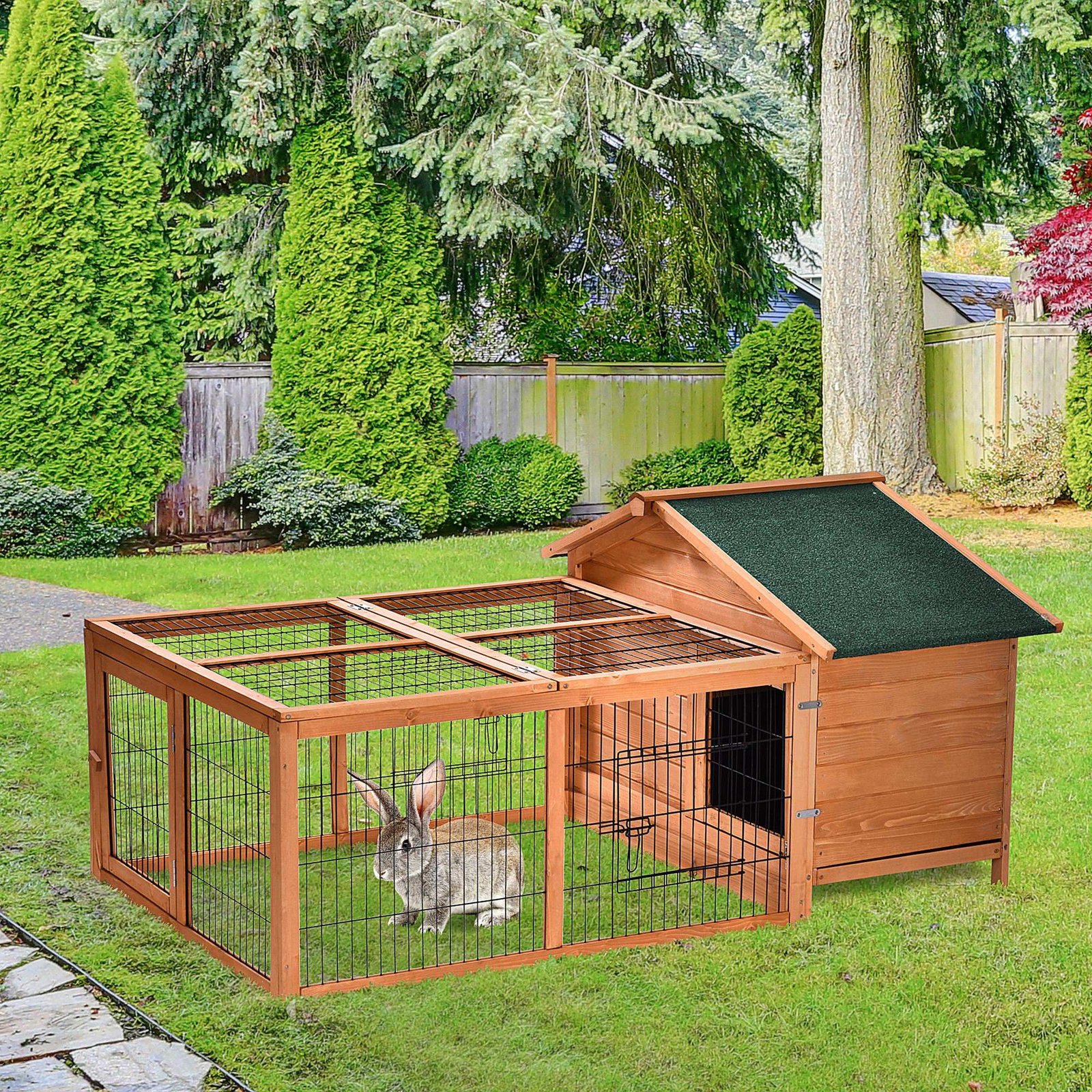PawHut Wooden Rabbit Hutch Outdoor, Guinea Pig Hutch, Detachable Pet House Animal Cage with Openable Run & Roof Lockable Door Slide-out Tray 146 x 95 x 69cm - Image 2