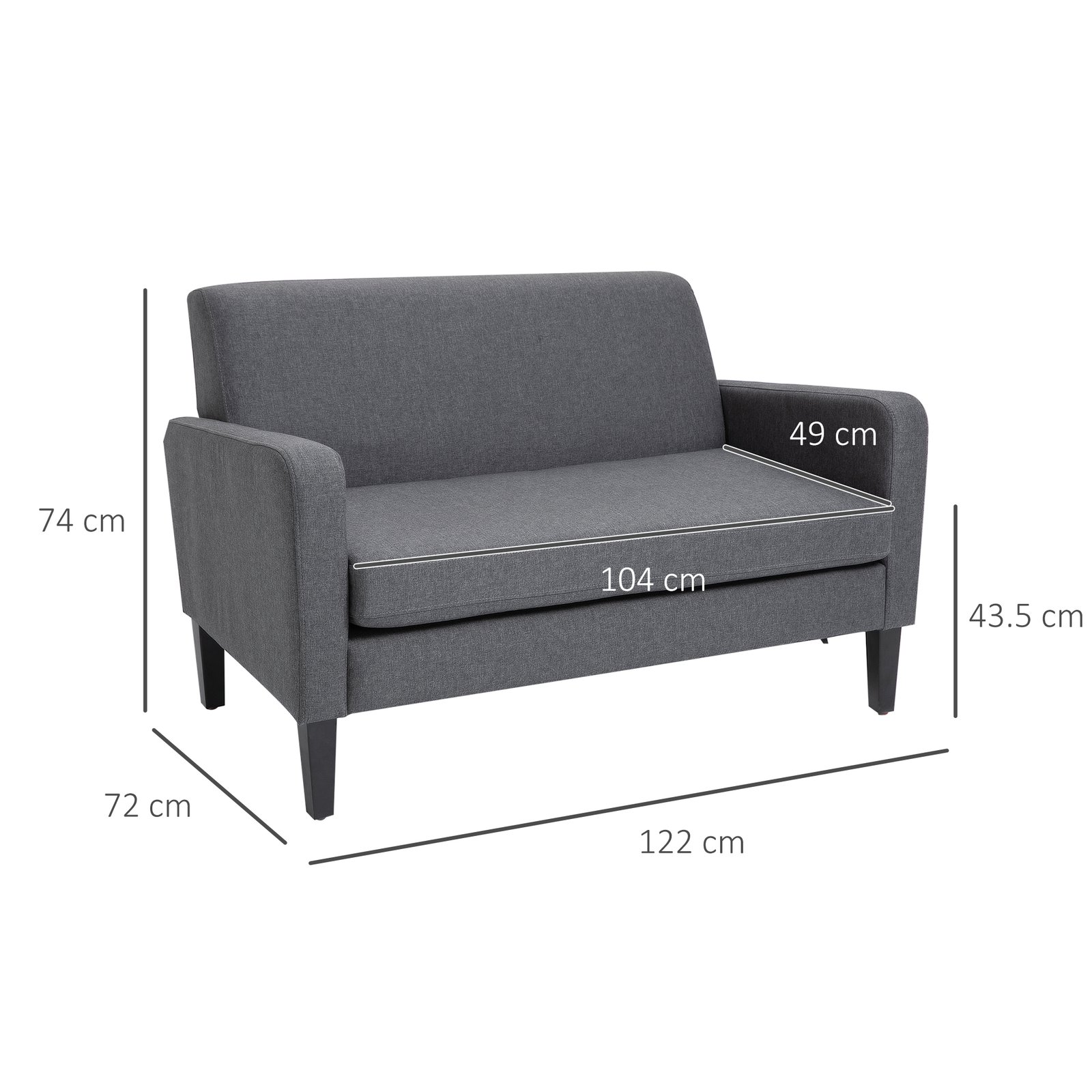HOMCOM Linen Modern-Curved 2-Seat Sofa Loveseat w/ Thick Cushion Wood Legs Foot Pads Single Compact Home Furniture Grey - Image 3