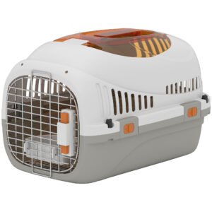 PawHut Plastic Pet Carrier Hard Shell Dog Cat Carrier Max 4 KG Steel Door Feed Bowl Secure Lock 49 x 32 x 31 cm