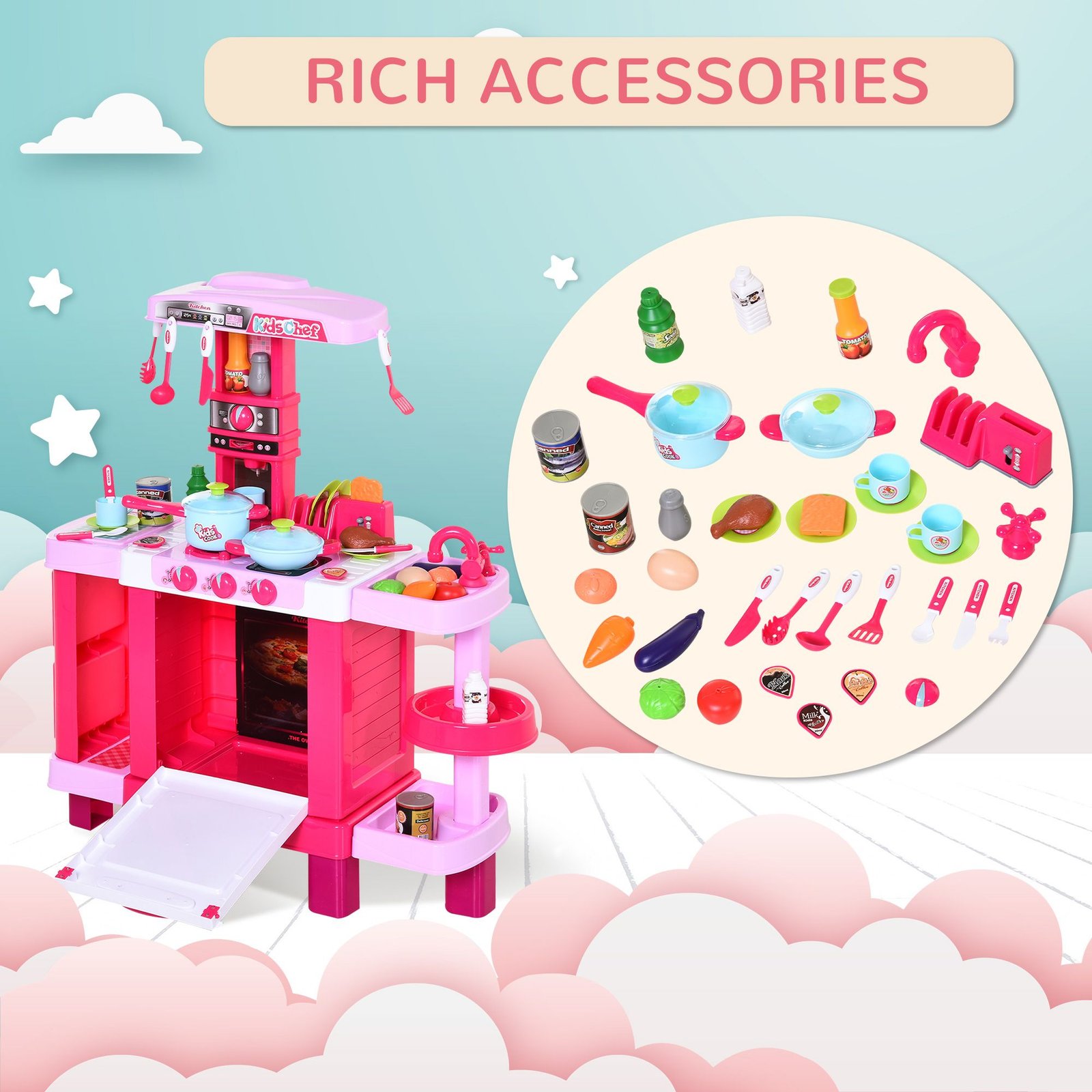 HOMCOM 38 Pcs Kids Children Kitchen Play Set w/ Realistic Sounds Lights Food Utensils Pots Pans Appliances Toy Game Pink - Image 5
